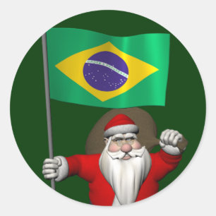 Sticker Rond Père Noël Avec L'Ensigne Du Brésil