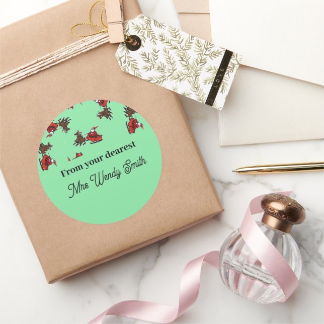 Sticker Rond Père Noël avec sly sur vert (Cadeaux)