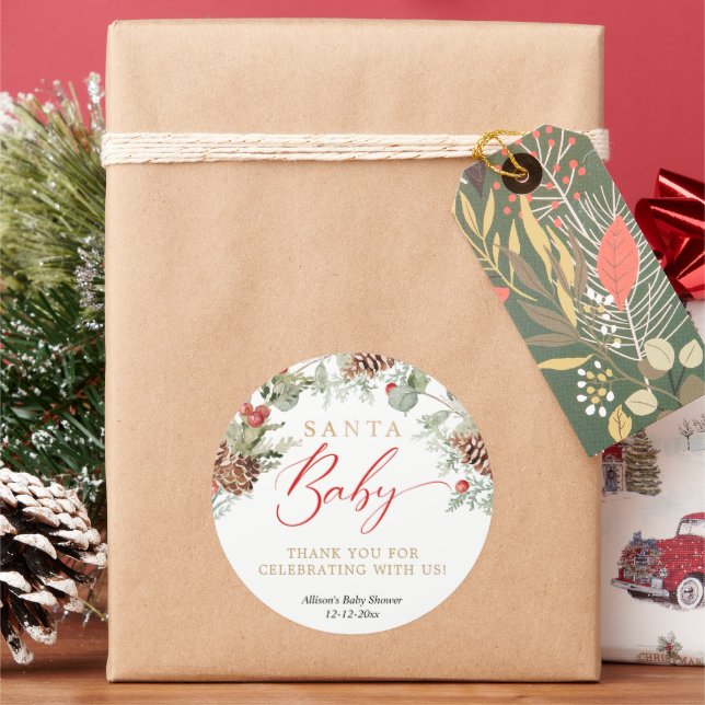 Sticker Rond Père Noël Baby Rustic Winter Greenery baby shower (vacances)