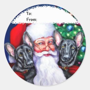 Sticker Rond Père Noël Black German Sheberd Dogs Tags cadeaux