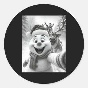 Sticker Rond Père Noël Bonhomme de neige Renne prenant une phot