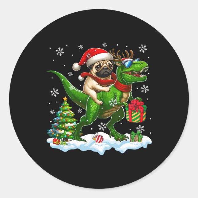 Sticker Rond Père Noël Carlin équitation Reindeer T-rex Christm (Devant)