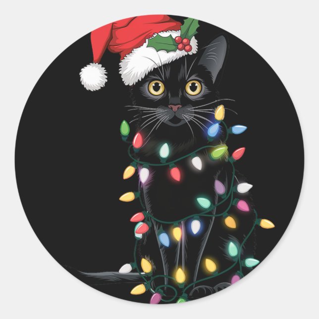 Sticker Rond Père Noël Chat Noir Tangé Dans La Lumière De L'Arb (Devant)