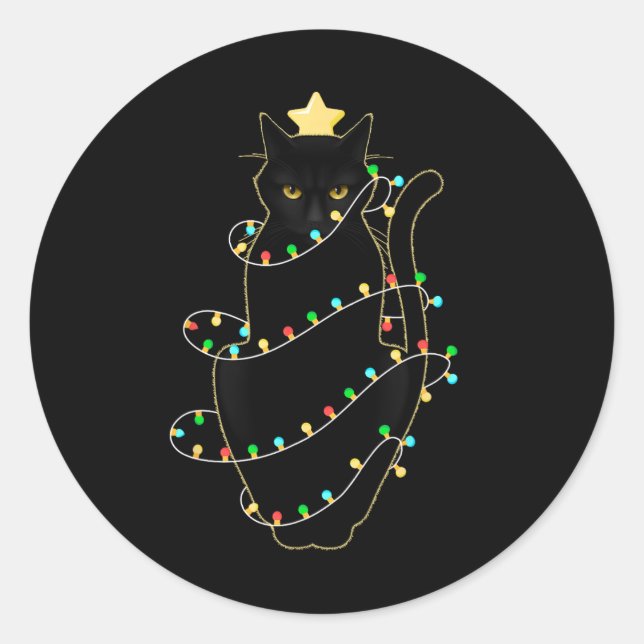 Sticker Rond Père Noël Chat Noir Tangé Dans La Lumière De L'Arb (Devant)