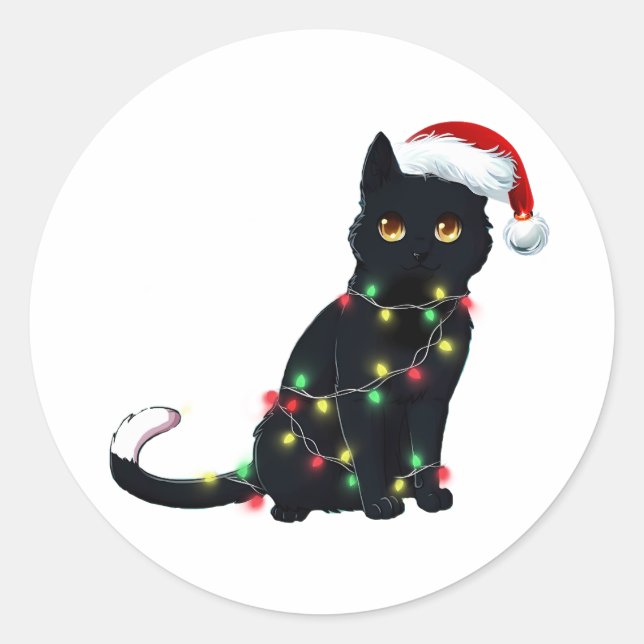 Sticker Rond Père Noël Chat Noir Tangé Dans La Lumière De L'Arb (Devant)