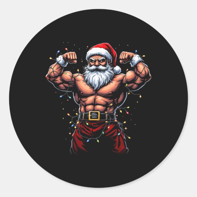 Sticker Rond Père Noël Christmas Gym Workout Musculaire Père No (Devant)