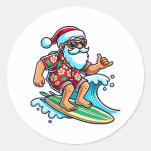 Sticker Rond Père Noël cool en surf pour Noël en juillet sur la