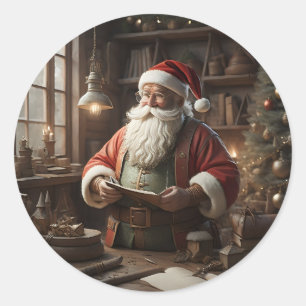 Sticker Rond Père Noël Dans Son Atelier Elfe De Noël