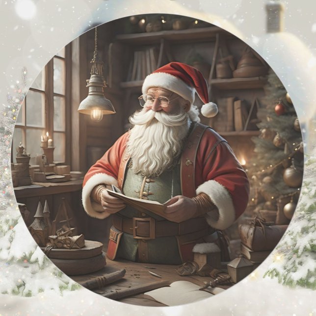 Sticker Rond Père Noël Dans Son Atelier Elfe De Noël (Créateur téléchargé)