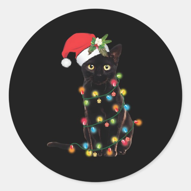 Sticker Rond Père Noël De Chat Noir Tangé Dans Les Lumières (Devant)