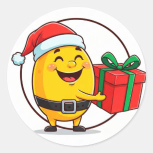 Sticker Rond Père Noël de dessin animé joyeux portant un cadeau