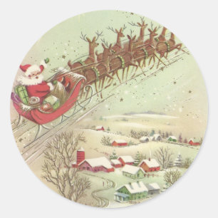 Sticker Rond Père Noël De Noël Vintage À Sleigh