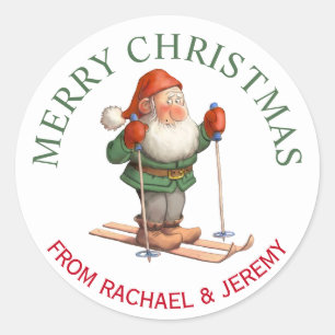 Sticker Rond Père Noël Elf sur ski Joyeux Noël