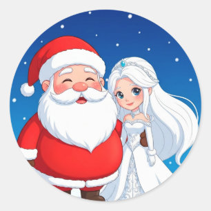 Sticker Rond Père Noël embrassant une Reine des Neiges