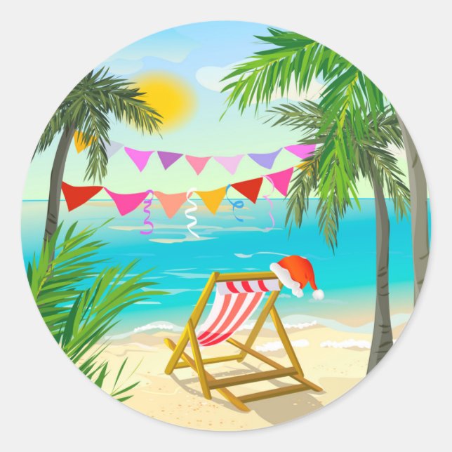Sticker Rond Père Noël en vacances - Noël de plage (Devant)