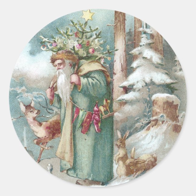Sticker Rond Père Noël et Noël de cru d'animaux de forêt (Devant)