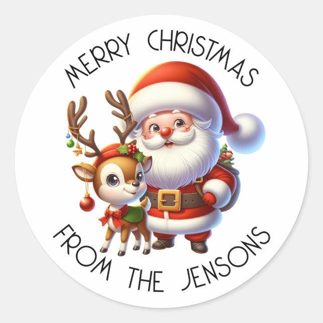 Sticker Rond Père Noël et Reindeer Cute Cartoon Noël (Devant)
