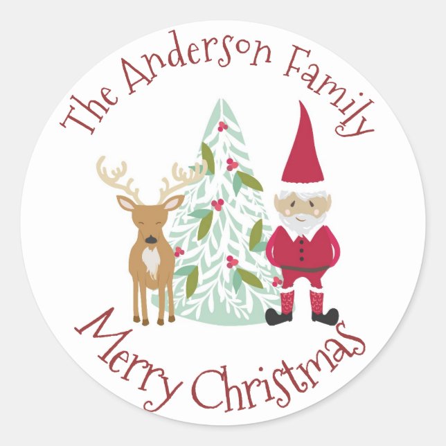 Sticker Rond Père Noël et Reindeer Joyeux Noël avec nom (Devant)