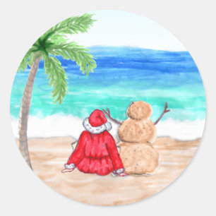 Sticker Rond Père Noël et Reindeer sur la plage