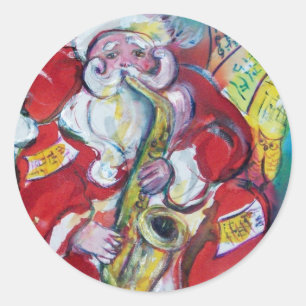 STICKER ROND PÈRE NOËL ET SAXO, FÊTE DE NOËL
