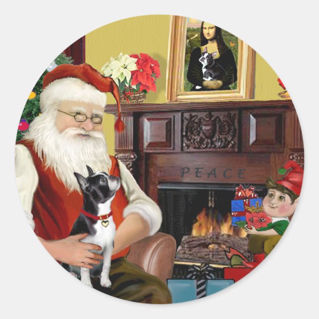 Sticker Rond Père Noël et son Boston Terrier (Devant)