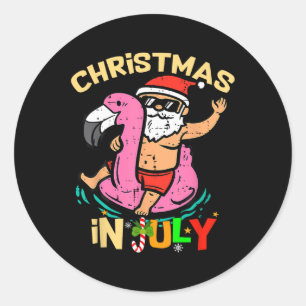 Sticker Rond Père Noël Flamant rose Floatie Funny Noël En Juill
