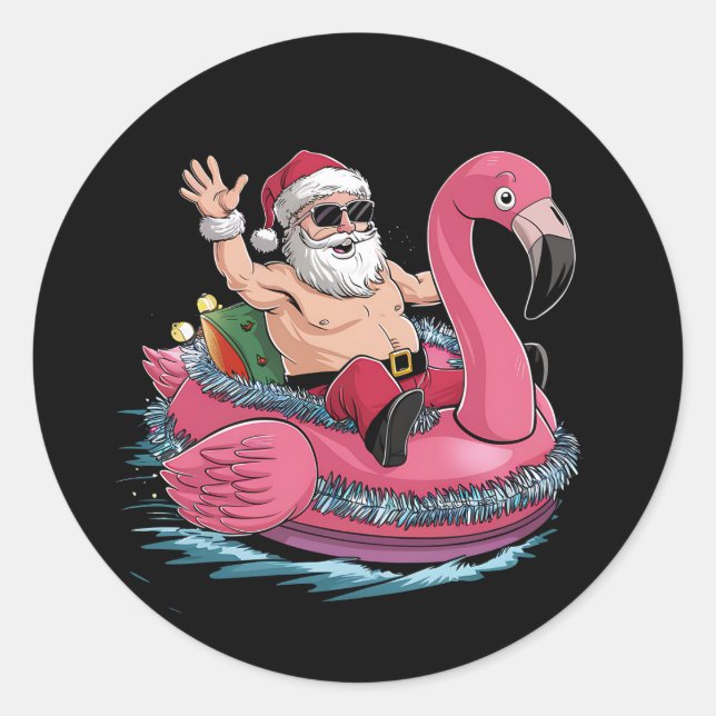 Sticker Rond Père Noël Flamant rose Floatie Noël En Juillet Été (Devant)