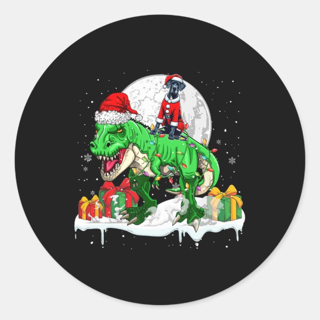 Sticker Rond Père Noël Great Dane Riding T-rex Propriétaire de  (Devant)