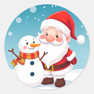 Sticker Rond Père Noël heureux dans une scène hivernale enneigé