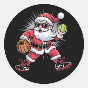 Sticker Rond Père Noël jouant au softball comme lanceur Sports 