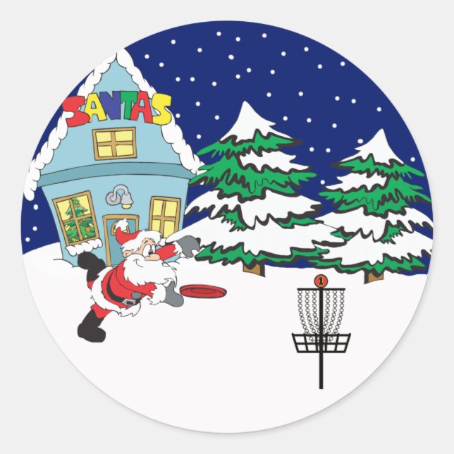 Sticker Rond Père Noël Lecture de Disque Golf (Devant)