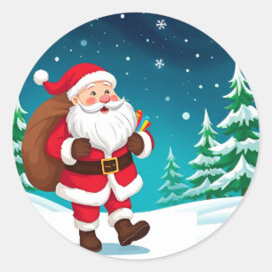 Sticker Rond Père Noël marchant joyeusement dans un hiver ennei