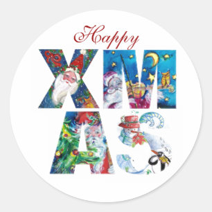 STICKER ROND PÈRE NOËL MUSICALE ET SNOWMAN XMAS NIGHT PARTIE