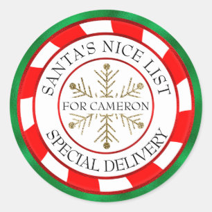 Sticker Rond Père Noël Nice Liste Phoque Vert Personnalisé Nom 