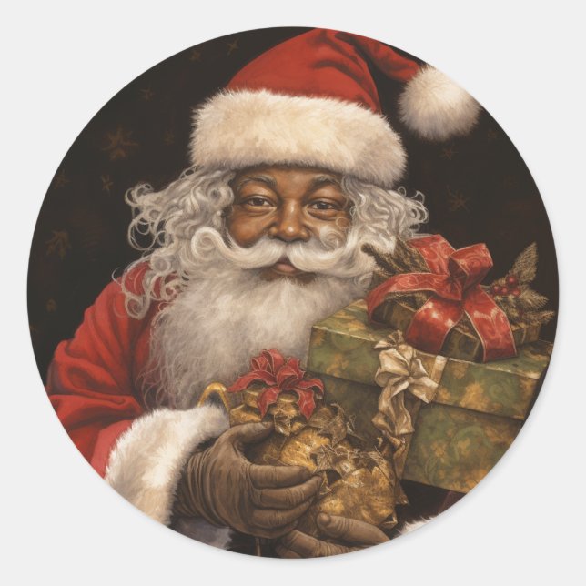 Sticker Rond Père Noël noire souriante : Bonnes Fêtes (Devant)