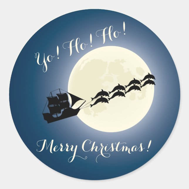 Sticker Rond Père Noël Pirate Ship avec Dauphins Noël (Devant)