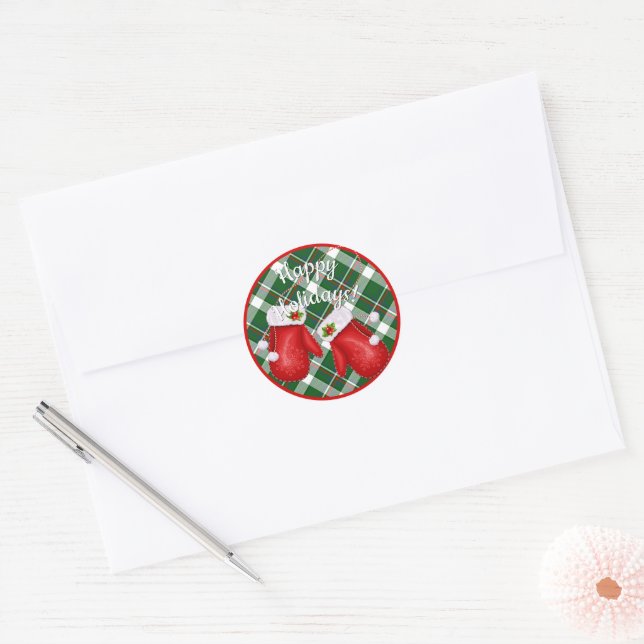 Sticker Rond Père Noël Red Mittens Sur Red Green Plaid Check Mo (Enveloppe)