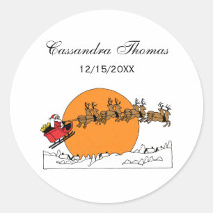 Sticker Rond Père Noël Reindeer Sur La Neige Couverte Ville Lun