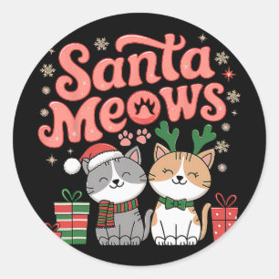 Sticker Rond Père Noël rencontre de mignons chats festifs Noël