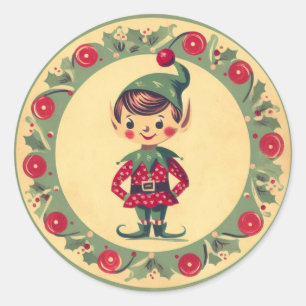 Sticker Rond Père Noël rétro Noël Elf Vintage
