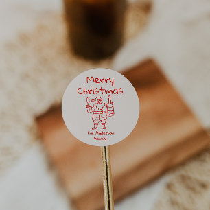 Sticker Rond Père Noël rouge dessiné rétro Joyeux Noël
