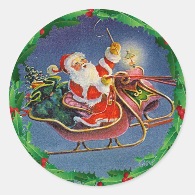 Sticker Rond PÈRE NOËL, SLEIGH & HOLLY par SHARON SHARPE (Devant)