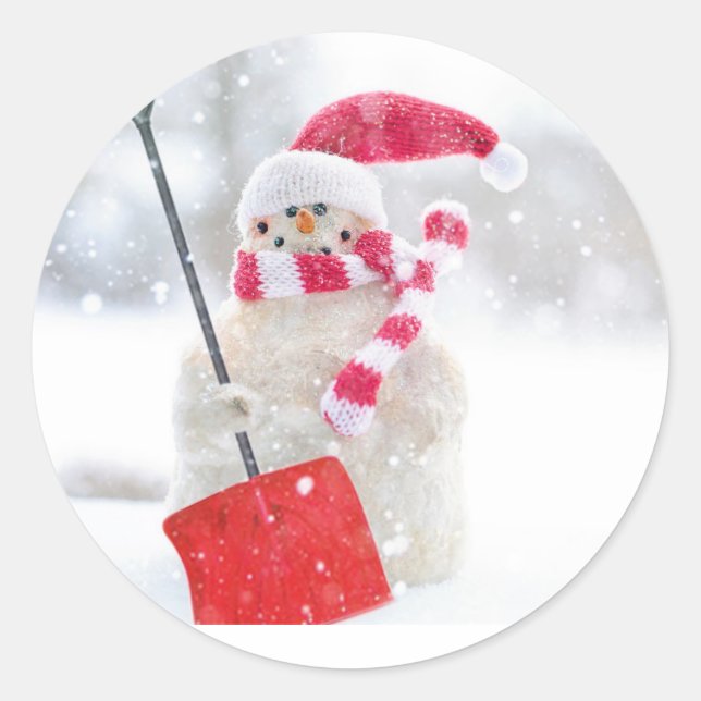 Sticker Rond Père Noël Snowman avec Red Shovel (Devant)