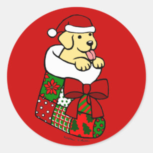 Sticker Rond Père Noël Stocker Jaune Labrador Chiot Cartoon