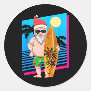 Sticker Rond Père Noël surfeur d'été hawaïen Noël drôle de Noël