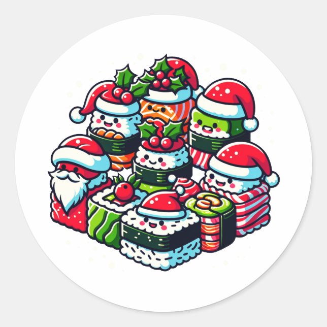 Sticker Rond Père Noël Sushi Delight - Art de Noël Festif (Devant)