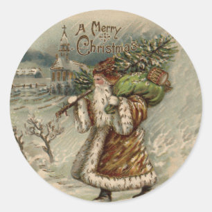 Sticker Rond Père Noël victorien avec arbre de Noël