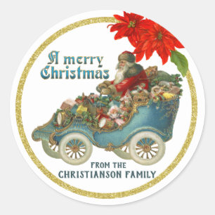 Sticker Rond Père Noël victorienne vintage dans voiture antique