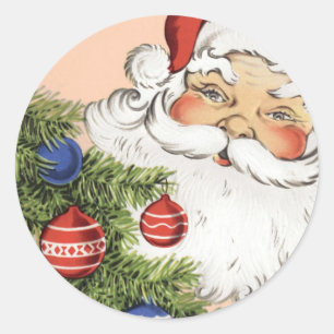 Sticker Rond Père Noël vintage de Noël avec ornements d'arbre