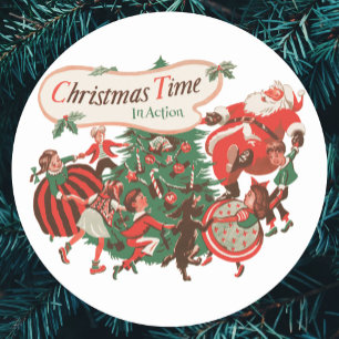Sticker Rond Père Noël vintage de Noël et enfants dansants